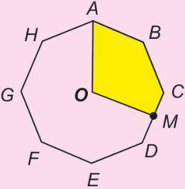 Octógono regular ABCDEFGH com centro O, onde o polígono OABCM está sombreado em amarelo, sendo M o ponto médio do segmento CD