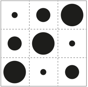 Quadriculado 3 por 3 com linhas divisórias internas tracejadas e borda externa contínua. No centro de cada um dos 9 quadradinhos há um círculo preto: na primeira linha (de cima para baixo), da esquerda para a direita, há um círculo pequeno, um médio e um grande; na segunda linha, há um círculo médio, um grande e um pequeno; na terceira linha, há um círculo grande, um pequeno e um médio.