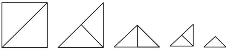 Sequência de cinco figuras mostrando o processo de dobradura: um quadrado com uma diagonal traçada do canto inferior esquerdo ao canto superior direito; seguido por quatro triângulos isósceles retângulos cada vez menores, os três primeiros com a altura relativa à hipotenusa traçada indicando a dobra e o último sem linhas internas.