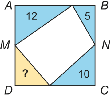 Retângulo ABCD com pontos M no lado AD e N no lado BC, além de um ponto no lado AB e outro no lado CD, formando um quadrilátero branco central e quatro triângulos nos cantos. Os triângulos nos cantos A, B e C são azuis e têm áreas indicadas como 12, 5 e 10, respectivamente. O triângulo no canto D é amarelo e tem um ponto de interrogação (?) indicando a área desconhecida.
