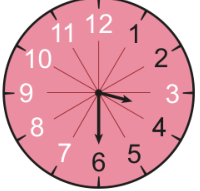 Relógio marcando 3h 30min com os números 7, 8, 9, 10, 11, 12 e 3 brancos, e os números 1, 2, 4, 5 e 6 pretos.