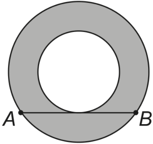 Duas circunferências concêntricas formando uma coroa circular pintada de cinza. Na parte inferior, um segmento de reta horizontal com extremidades nos pontos A e B pertencentes à circunferência externa é tangente à circunferência interna.