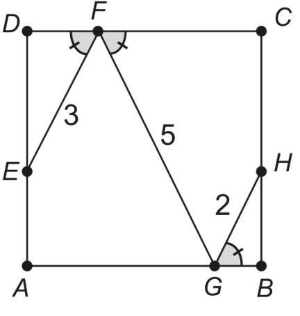 Quadrado ABCD com vértices A (inferior esquerdo), B (inferior direito), C (superior direito) e D (superior esquerdo). Há um ponto E no lado AD, um ponto F no lado CD, um ponto G no lado AB e um ponto H no lado BC. Os segmentos EF, FG e GH estão traçados e medem 3, 5 e 2, respectivamente. Os ângulos EFD, GFC e BGH estão destacados em cinza com um traço cada, indicando que têm a mesma medida.