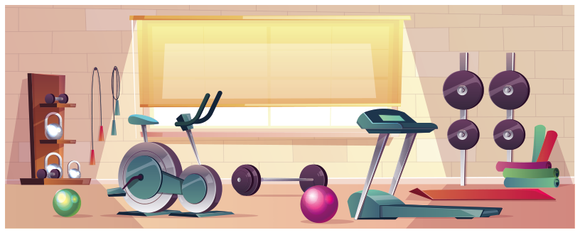 Ilustração de uma sala de academia com bicicleta ergométrica, esteira, barra de pesos, anilhas, bolas e cordas de pular