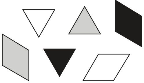 Peças triangulares e losangulares nas cores branca, cinza e preta