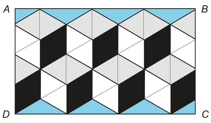 Retângulo ABCD com vértices identificados e preenchimento parcial por peças triangulares e losangos em cinza, preto e branco, deixando áreas em azul