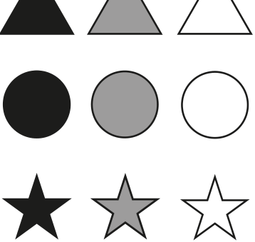 Grade com nove figuras geométricas dispostas em três linhas e três colunas. Na primeira linha há três triângulos: um preto, um cinza e um branco. Na segunda linha há três círculos: um preto, um cinza e um branco. Na terceira linha há três estrelas de cinco pontas: uma preta, uma cinza e uma branca.
