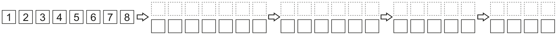 Esquema para preenchimento do item b: inicia com 8 peças de 1 a 8 alinhadas e, conectadas por setas, quatro etapas sucessivas com quadrículas vazias a serem preenchidas (com 7, 6, 5 e 4 colunas de quadrículas com linha contínua embaixo e tracejada em cima).