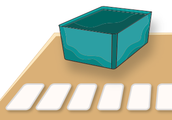 Ilustração de uma mesa com cartões brancos enfileirados e uma caixa verde sobre ela