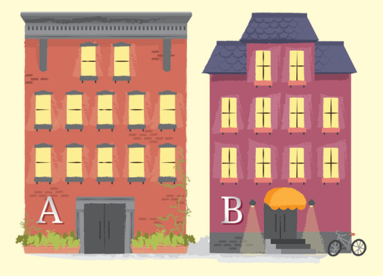 Ilustração das fachadas dos edifícios A e B. O edifício A possui 12 janelas na frente, sendo 2 no andar superior e 5 em cada um dos dois andares intermediários. O edifício B possui 10 janelas na frente, sendo 2 no andar superior e 4 em cada um dos dois andares intermediários.