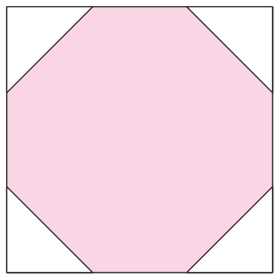 Quadrado contendo um octógono destacado em rosa em seu interior, cujos vértices estão sobre os lados do quadrado, dividindo cada lado em três segmentos iguais e formando triângulos retângulos brancos em cada um dos quatro cantos.