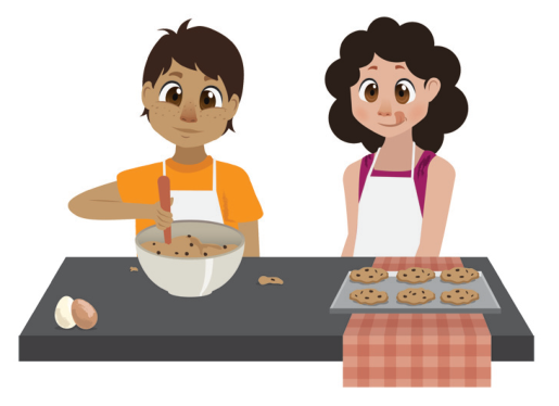 F1 Ilustração de Renato mexendo uma massa em uma tigela e Sílvia ao lado de uma assadeira de biscoitos sobre uma bancada
