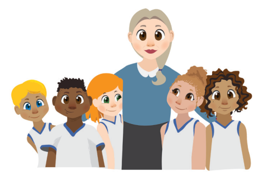 Ilustração da professora Elisa sorrindo cercada por cinco alunos vestidos com uniformes escolares.