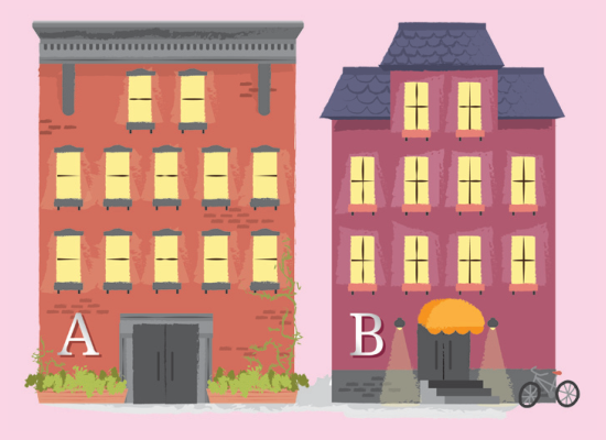 Ilustração com dois edifícios lado a lado: o edifício A, à esquerda, apresenta 12 janelas em sua fachada frontal (2 no andar superior, 5 no andar intermediário e 5 no andar inferior); o edifício B, à direita, apresenta 10 janelas em sua fachada frontal (2 no andar superior, 4 no andar intermediário e 4 no andar inferior).