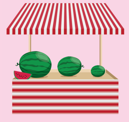 Ilustração de uma barraca de feira com toldo listrado em vermelho e branco, exibindo sobre a bancada três melancias inteiras de tamanhos decrescentes (grande, média e pequena) e uma fatia de melancia.