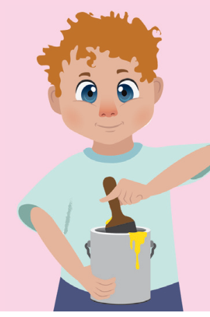 Ilustração de um menino ruivo segurando um pincel dentro de uma lata de tinta.