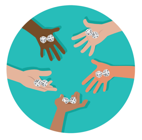 Ilustração circular com fundo azul-esverdeado mostrando cinco mãos de diferentes tons de pele, cada uma segurando dois dados de seis faces.