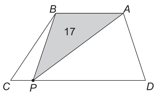 Trapézio ABCD com base menor AB no topo e base maior CD na base. O ponto P está sobre o lado CD, formando um triângulo ABP sombreado em cinza com a área indicada pelo número 17.