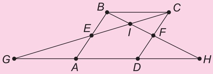 Paralelogramo ABCD com os pontos médios E em AB e F em CD. Os segmentos GC passando por E e HB passando por F interceptam-se no ponto I, e a reta suporte da base AD contém os pontos G, A, D e H, formando o triângulo GIH.