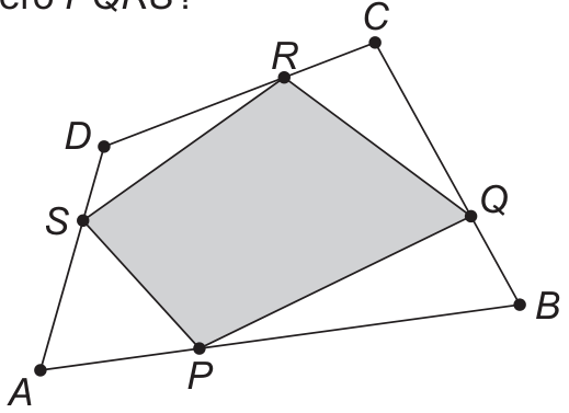 Quadrilátero convexo ABCD com vértices A, B, C e D, e pontos P sobre AB, Q sobre BC, R sobre CD e S sobre DA delimitando a região sombreada PQRS