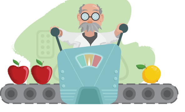 Ilustração de um cientista de jaleco operando uma máquina com esteira rolante, na qual duas maçãs entram pelo lado esquerdo e uma laranja sai pelo lado direito.