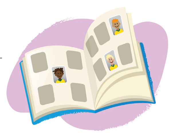 Ilustração de um álbum de figurinhas aberto com espaços retangulares e algumas figurinhas de jogadores já coladas