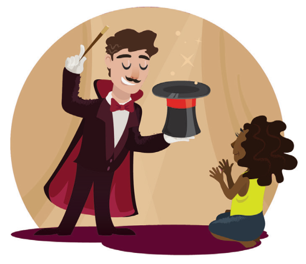 Ilustração de um homem vestido de mágico segurando uma varinha e uma cartola, apresentando um truque de mágica para uma menina sentada no chão