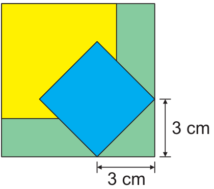 F4 Folha amarela no canto superior esquerdo e folha azul rotacionada sobreposta, com vértices alinhados às bordas da folha verde a 3 cm do canto inferior direito