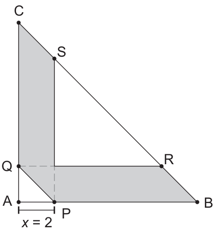 Triângulo retângulo ABC com catetos AB e AC, onde P está sobre AB a uma distância x = 2 de A, e a região sombreada representa a união dos paralelogramos PBRQ e PSCQ.