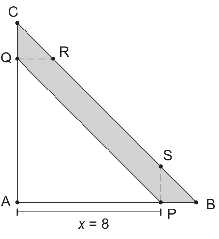 Triângulo retângulo ABC com catetos AB e AC, onde P está sobre AB a uma distância x = 8 de A, e a região sombreada representa a união dos paralelogramos PBRQ e PSCQ.