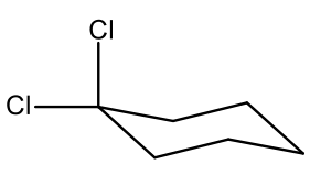Anel ciclo-hexano em conformação cadeira com dois átomos de cloro (Cl) ligados ao mesmo carbono superior esquerdo, um na posição axial para cima e outro na posição equatorial para a esquerda.