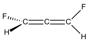 Estrutura de um aleno (1,3-difluoropropa-1,2-dieno) com três carbonos acumulados (C=C=C). No carbono da esquerda, há um F com ligação tracejada (para trás) e um H com ligação em cunha preenchida (para a frente). No carbono da direita, há um F para cima e um H para baixo no plano.