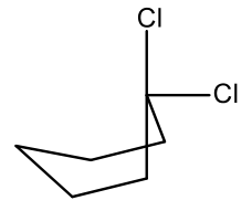 Anel ciclo-hexano em conformação barco torcido ou bote com dois átomos de cloro (Cl) ligados ao mesmo carbono superior direito, um apontando para cima e outro para a direita.