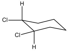 Anel ciclo-hexano em conformação cadeira. No carbono superior esquerdo, há um hidrogênio (H) axial para cima e um cloro (Cl) equatorial para a esquerda. No carbono adjacente frontal, há um cloro (Cl) equatorial para a esquerda e um hidrogênio (H) axial para baixo.