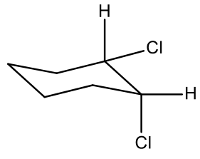 Anel ciclo-hexano em conformação cadeira invertida. No carbono superior direito, há um hidrogênio (H) axial para cima e um cloro (Cl) equatorial para a direita. No carbono adjacente frontal inferior, há um hidrogênio (H) equatorial para a direita e um cloro (Cl) axial para baixo.