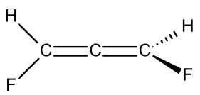Estrutura de um aleno (1,3-difluoropropa-1,2-dieno) com três carbonos acumulados (C=C=C). No carbono da esquerda, há um H para cima e um F para baixo no plano. No carbono da direita, há um H com ligação tracejada (para trás) e um F com ligação em cunha preenchida (para a frente).