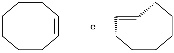Par de estruturas de cicloocteno separadas pela conjunção "e". A primeira estrutura é o cis-cicloocteno e a segunda estrutura é o trans-cicloocteno, com duas ligações simples adjacentes à ligação dupla representadas por cunhas tracejadas.