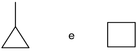 Par de estruturas separadas pela conjunção "e": à esquerda, metilciclopropano; à direita, ciclobutano.