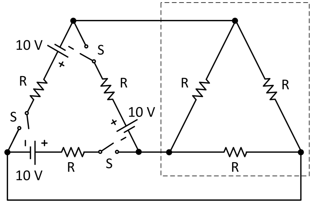 Circuito elétrico composto por dois triângulos interligados: o da esquerda possui três ramos em série contendo, cada um, uma chave aberta S, um resistor R e uma bateria de 10 V; o da direita, demarcado por uma linha tracejada, é formado por três resistores R conectados em delta. Fios condutores conectam vértices superiores e inferiores dos dois triângulos.