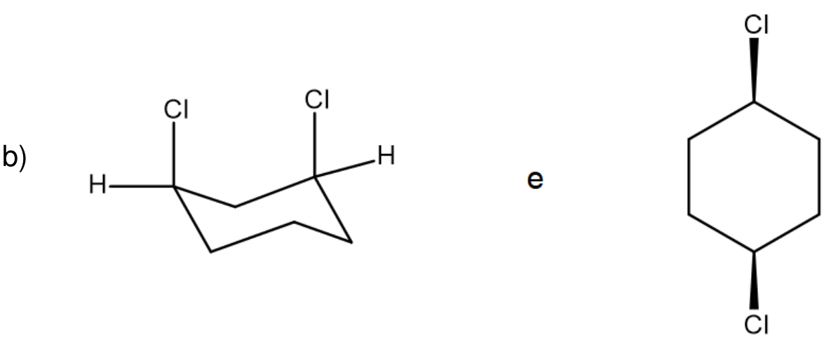 Duas estruturas de 1,4-diclorociclo-hexano: à esquerda em conformação cadeira com cloros em posições axiais; à direita em projeção plana com cloros em cunhas pretas (apontando para cima), separadas pela conjunção "e".