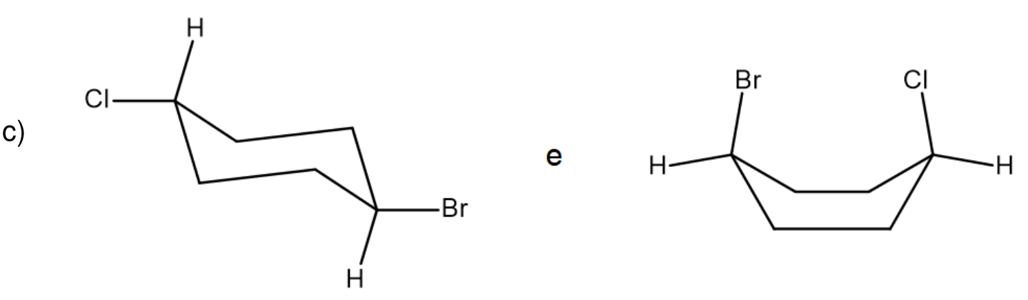 Duas conformações de 1-bromo-4-clorociclo-hexano: à esquerda na conformação cadeira com cloro equatorial e bromo equatorial; à direita na conformação barco com bromo e cloro nas posições superiores, separadas pela conjunção "e".