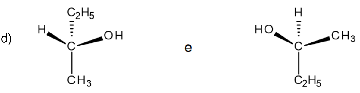 Duas representações em perspectiva (cunha e traço) do butan-2-ol com centro estereogênico ligado a H, OH, CH3 e C2H5, separadas pela conjunção "e".