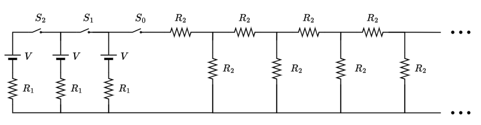 Circuito elétrico contendo três ramos verticais em paralelo com fontes V e resistores R1, interligados por chaves S2, S1 e S0, conectados a uma malha infinita em escada com resistores R2.
