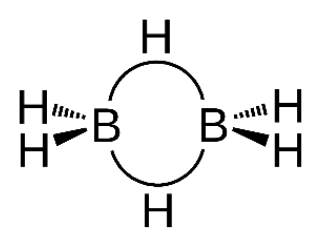 Estrutura molecular do diborano com duas pontes de hidrogênio B-H-B e quatro hidrogênios terminais