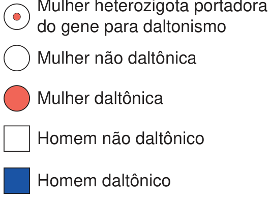 F6 Legenda com convenções do heredograma: círculo branco com ponto vermelho no centro representando mulher heterozigota portadora do gene para daltonismo; círculo branco representando mulher não daltônica; círculo vermelho representando mulher daltônica; quadrado branco representando homem não daltônico; quadrado azul representando homem daltônico.