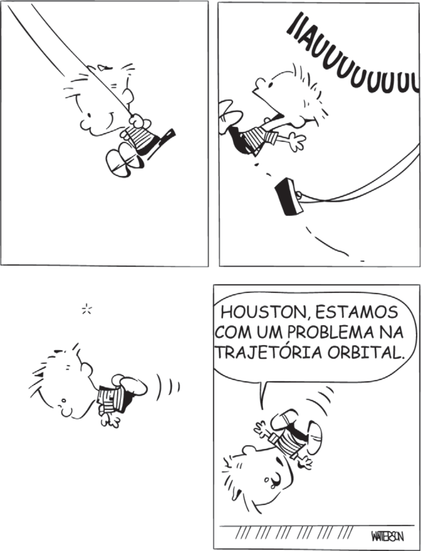 Tirinha de quatro quadrinhos de Calvin e Haroldo: no primeiro, Calvin se diverte no balanço; no segundo, ele se solta no ponto mais alto gritando "IIAUUUUUUUU"; no terceiro, ele gira de cabeça para baixo no ar; no quarto, ele está prestes a colidir de cabeça contra o chão e diz: "HOUSTON, ESTAMOS COM UM PROBLEMA NA TRAJETÓRIA ORBITAL."