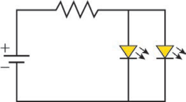 Circuito com uma bateria ligada em série com um resistor no ramo superior, seguido por dois ramos paralelos contendo, cada um, um LED polarizado diretamente de cima para baixo.