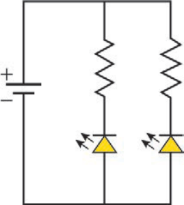 Circuito com uma bateria conectada em paralelo a dois ramos idênticos, cada um contendo um resistor em série com um LED polarizado inversamente de baixo para cima.