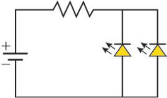 Circuito com uma bateria ligada em série com um resistor no ramo superior, seguido por dois ramos paralelos contendo, cada um, um LED polarizado inversamente de baixo para cima.