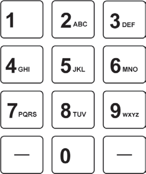 F1 Teclado alfanumérico com teclas dispostas em 4 linhas e 3 colunas: linha 1 com teclas 1, 2 (ABC), 3 (DEF); linha 2 com teclas 4 (GHI), 5 (JKL), 6 (MNO); linha 3 com teclas 7 (PQRS), 8 (TUV), 9 (WXYZ); linha 4 com teclas com traço, 0 e com traço.